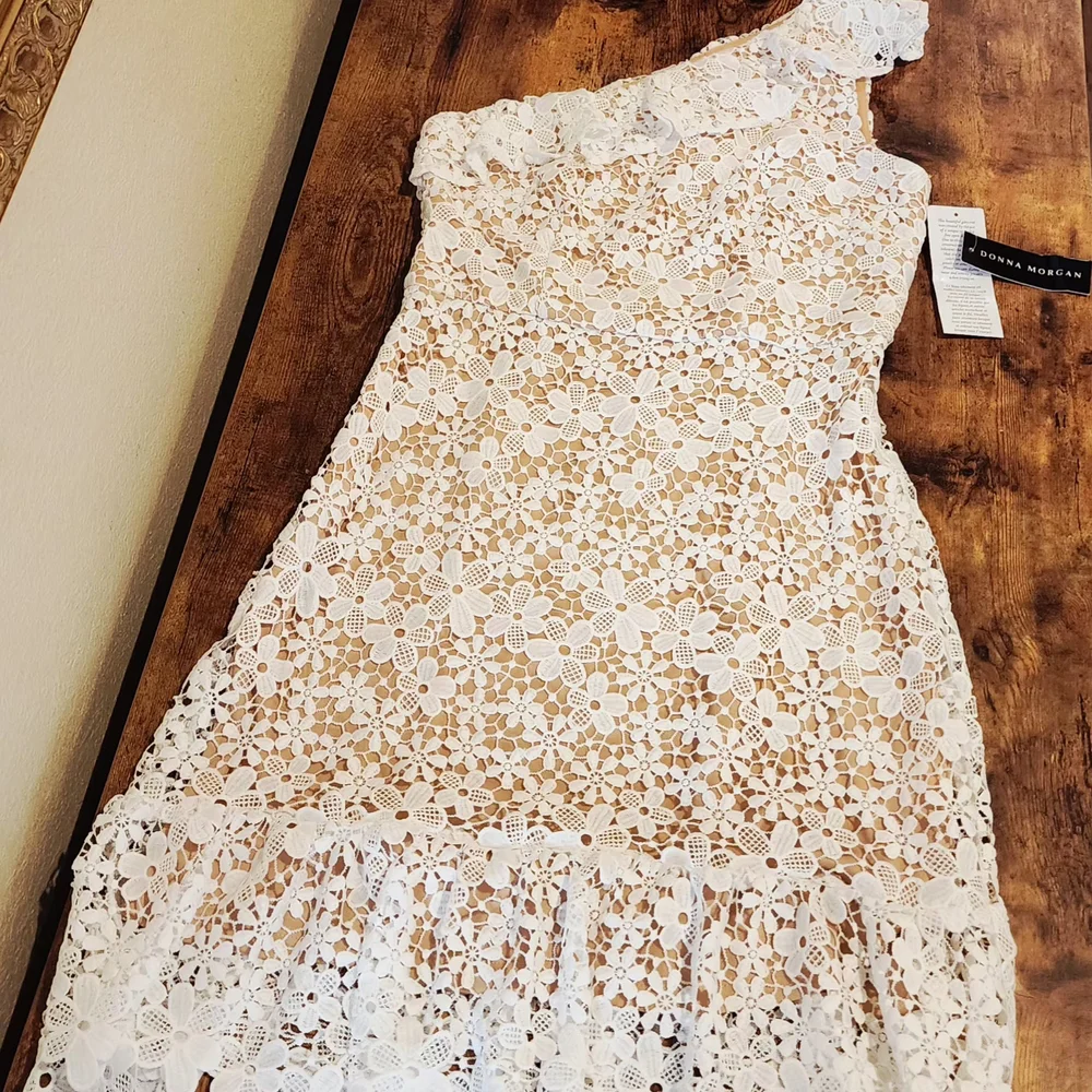 Donna Morgan Cream Lace One-Shoulder Dress - Picture 1 of 6
